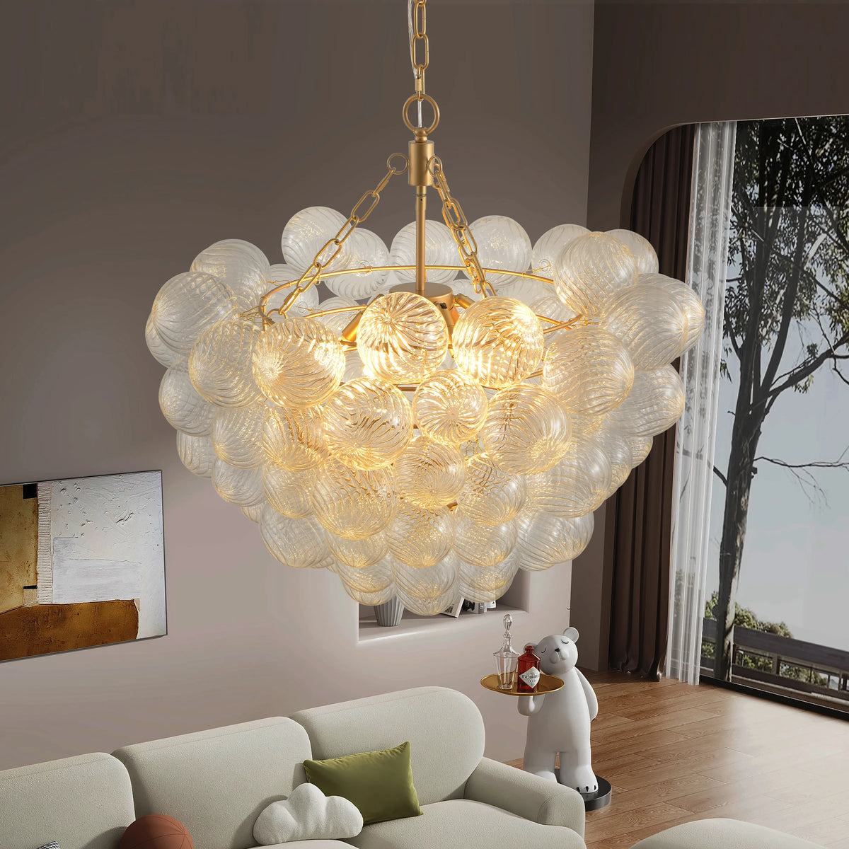 Swirled Clear Ribbed Hand Blown Glass Ball Living Room Chandelier