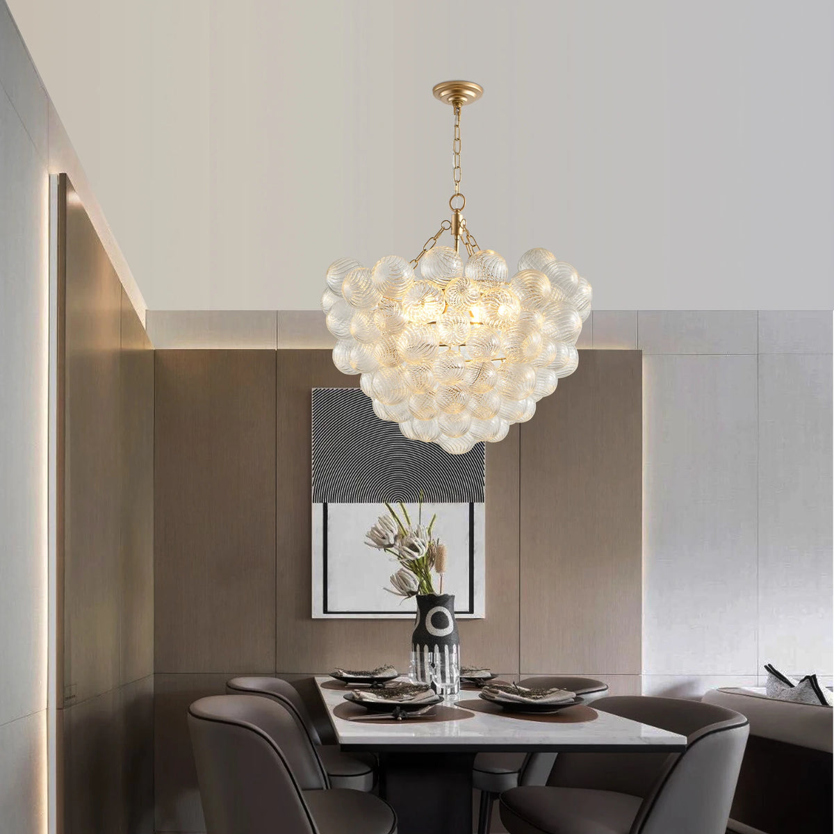 Swirled Clear Ribbed Hand Blown Glass Ball Living Room Chandelier
