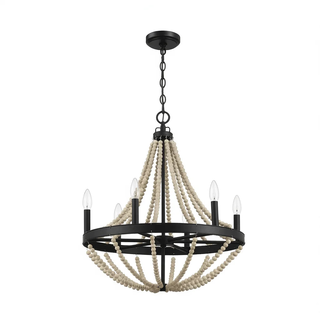Wood Beaded Black Farmhouses Chandelier 6-Candle Large Round Shape For Dining Room