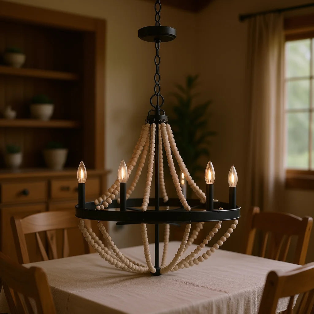 Wood Beaded Black Farmhouses Chandelier 6-Candle Large Round Shape For Dining Room