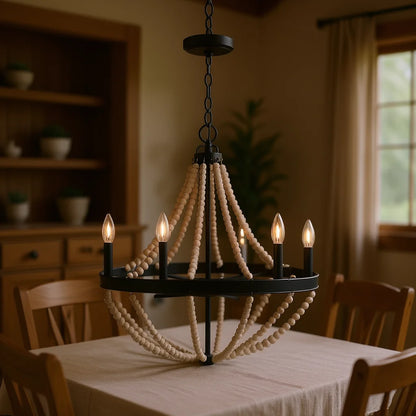 Wood Beaded Black Farmhouses Chandelier 6-Candle Large Round Shape For Dining Room