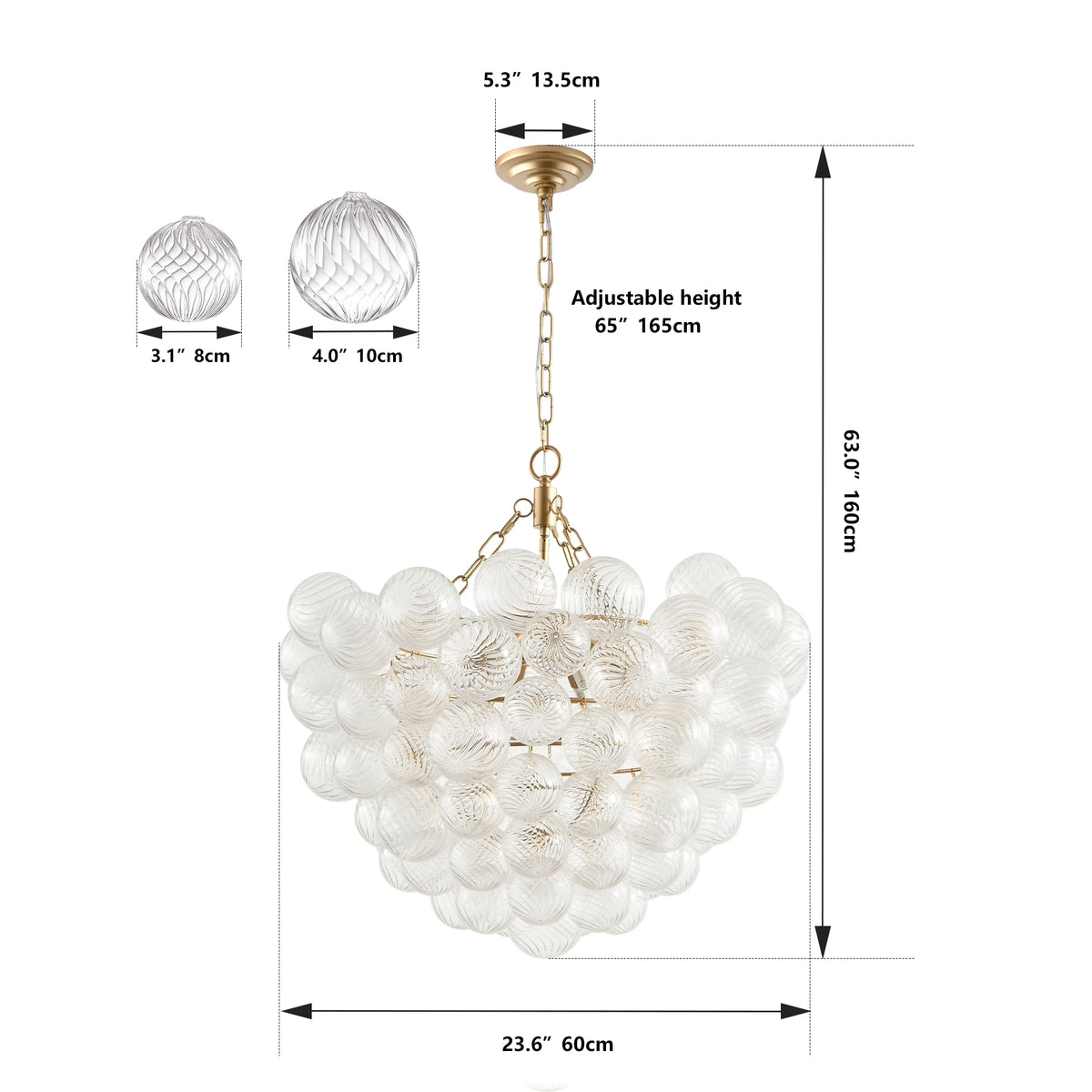 Swirled Clear Ribbed Hand Blown Glass Ball Living Room Chandelier