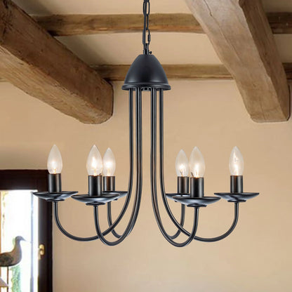 6-Light Farmhouse Industrial Black Wrought Iron Outdoor Chandelier