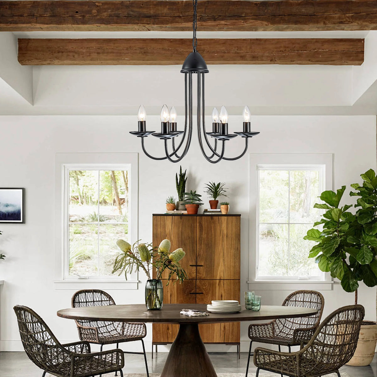 6-Light Farmhouse Industrial Black Wrought Iron Outdoor Chandelier