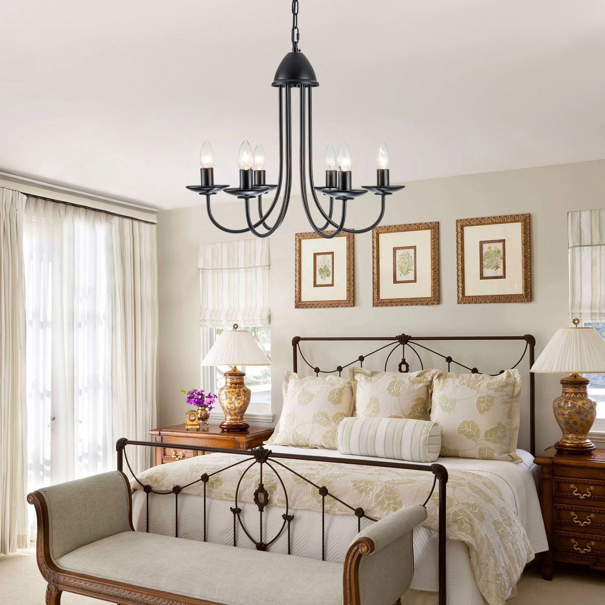 6-Light Farmhouse Industrial Black Wrought Iron Outdoor Chandelier