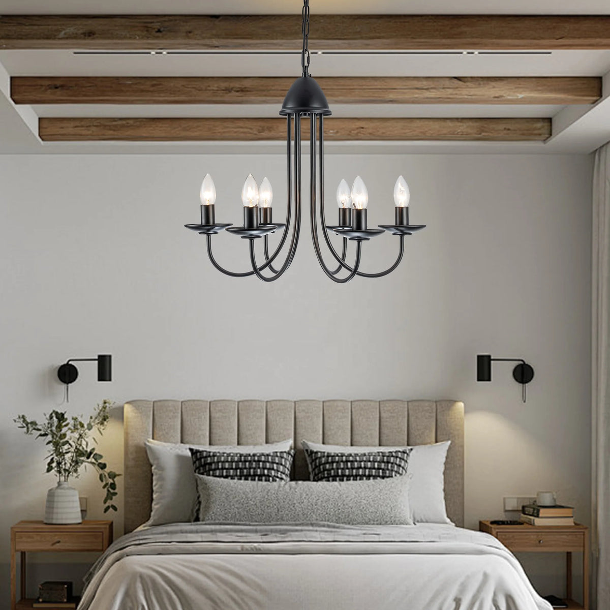 6-Light Farmhouse Industrial Black Wrought Iron Outdoor Chandelier