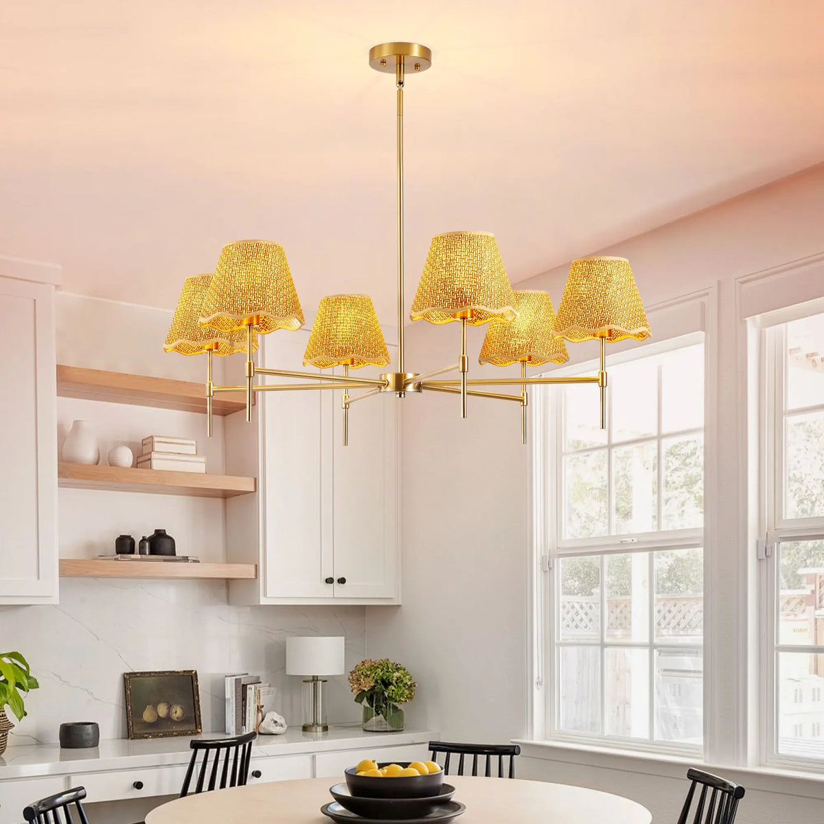Boho Rattan Chandelier 6-Light Rustic Industrial Pendant Light Large Adjustable Kitchen Island Lighting Fixture D