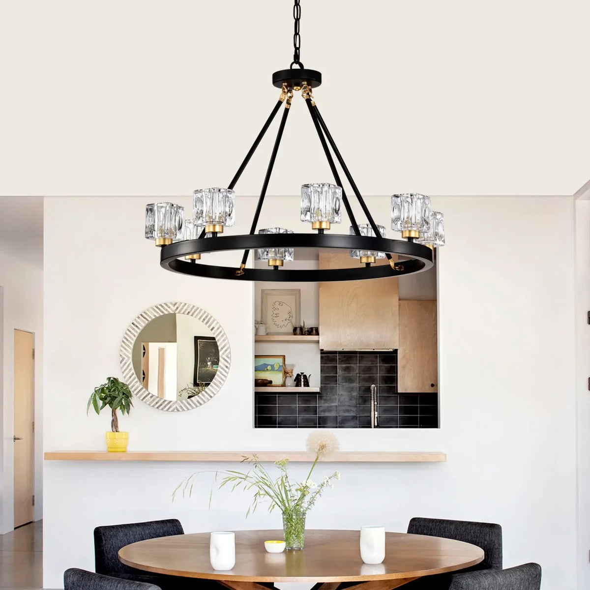 Matte Black Gold Wagon Wheel Chandelier