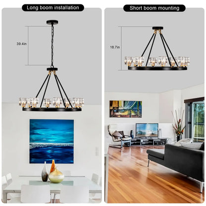 Matte Black Gold Wagon Wheel Chandelier