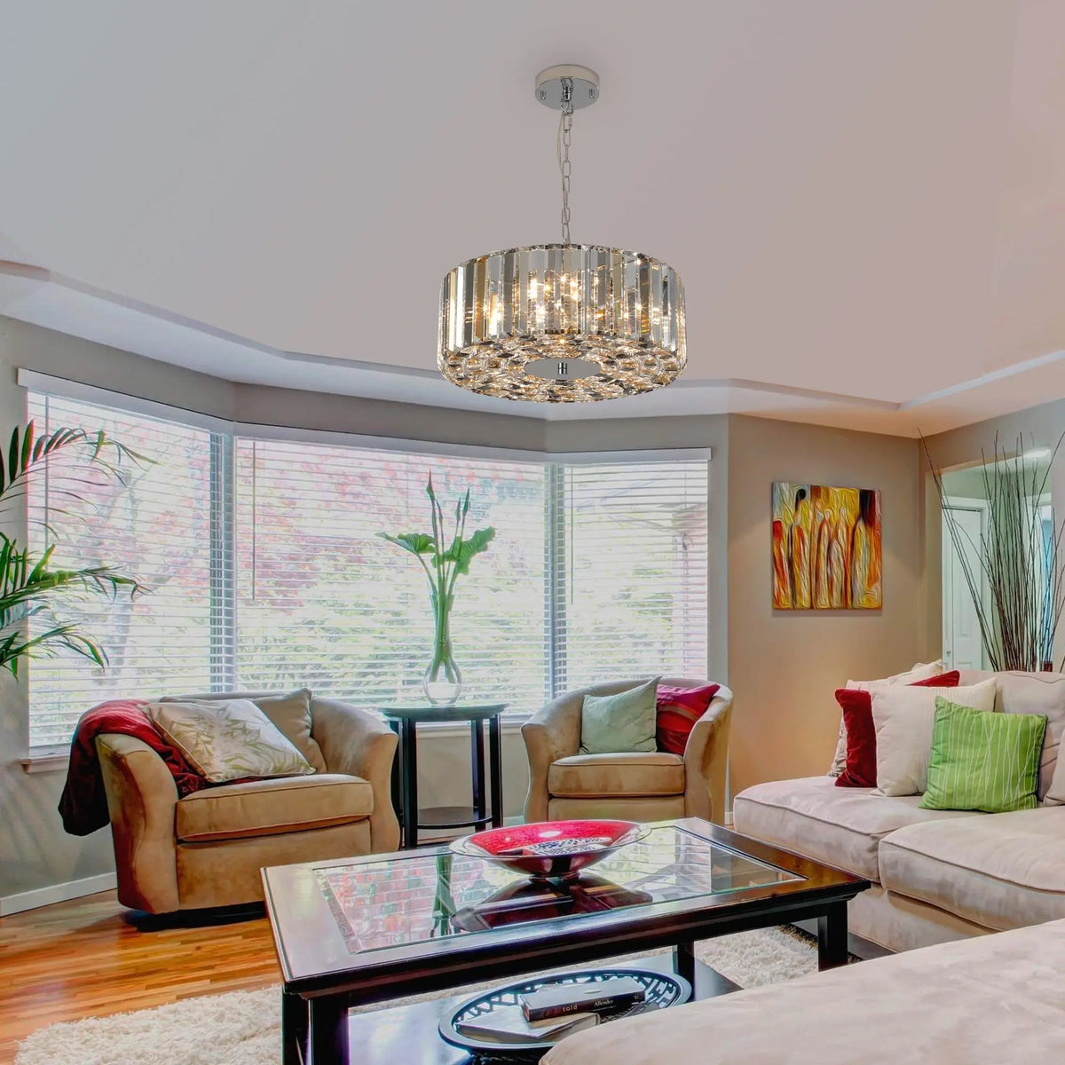 Modern 17 Inch Chrome Crystal Drum Chandelier