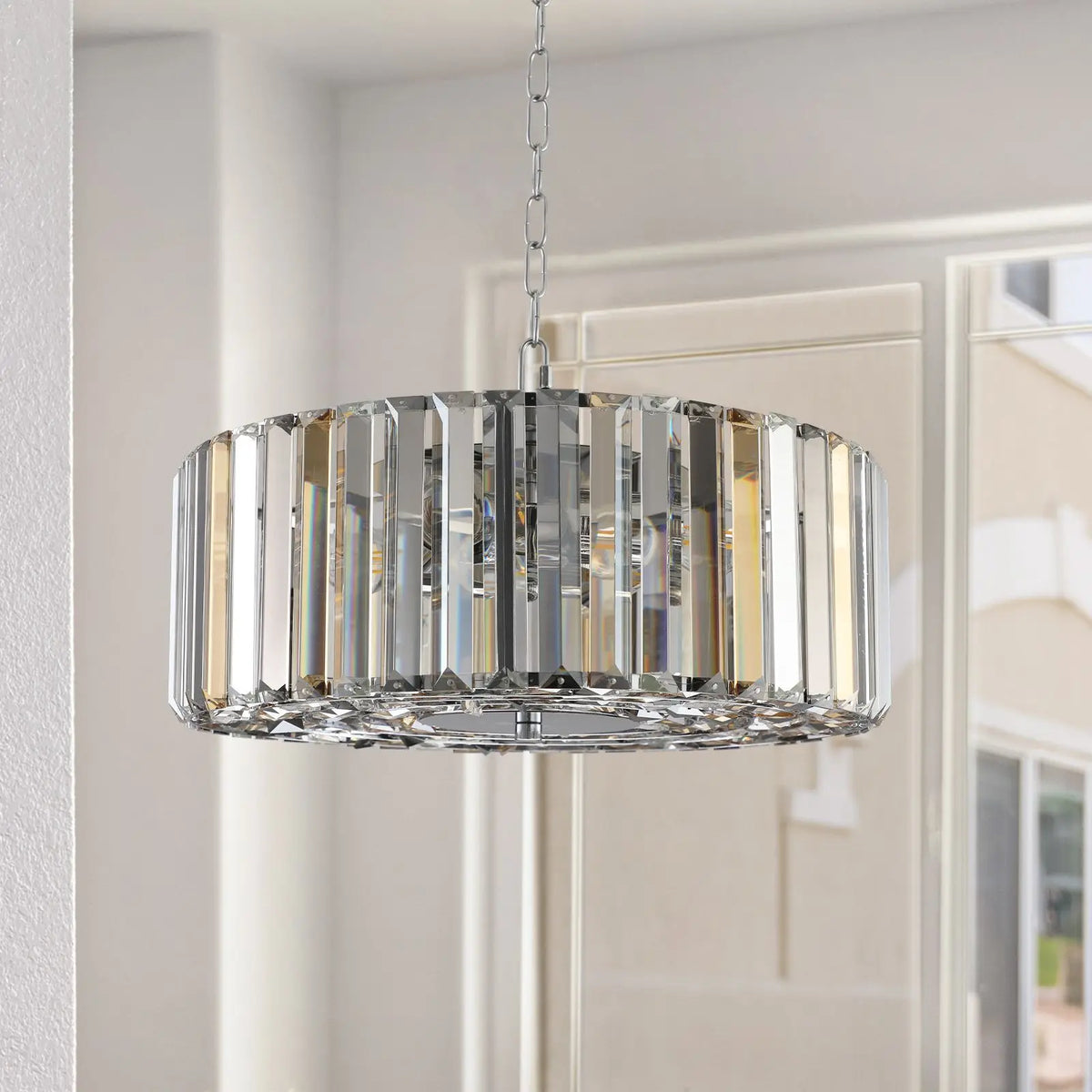 Modern 17 Inch Chrome Crystal Drum Chandelier