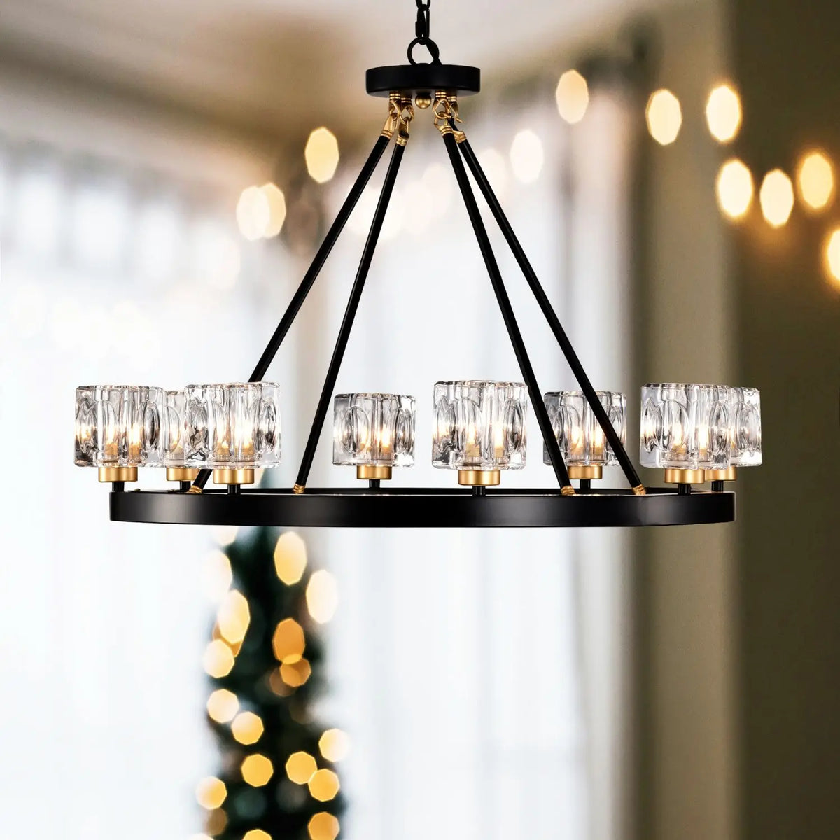 Matte Black Gold Wagon Wheel Chandelier