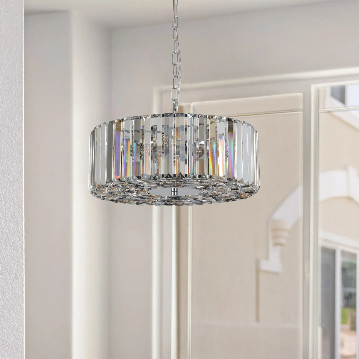 Modern 17 Inch Chrome Crystal Drum Chandelier