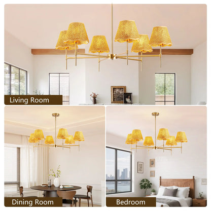 Boho Rattan Chandelier 6-Light Rustic Industrial Pendant Light Large Adjustable Kitchen Island Lighting Fixture D